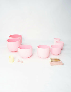 Crystal Singing Bowl Set - New Rose Color Design - 7 Chakra Tuned - Complete Healing 432 Hz - Size 6"-12" - 6 Lynx - Sound Healing
