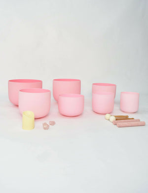 Crystal Singing Bowl Set - New Rose Color Design - 7 Chakra Tuned - Complete Healing 432 Hz - Size 6"-12" - 6 Lynx - Sound Healing