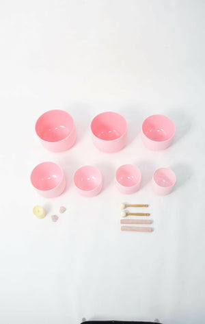 Crystal Singing Bowl Set - New Rose Color Design - 7 Chakra Tuned - Complete Healing 432 Hz - Size 6"-12" - 6 Lynx - Sound Healing