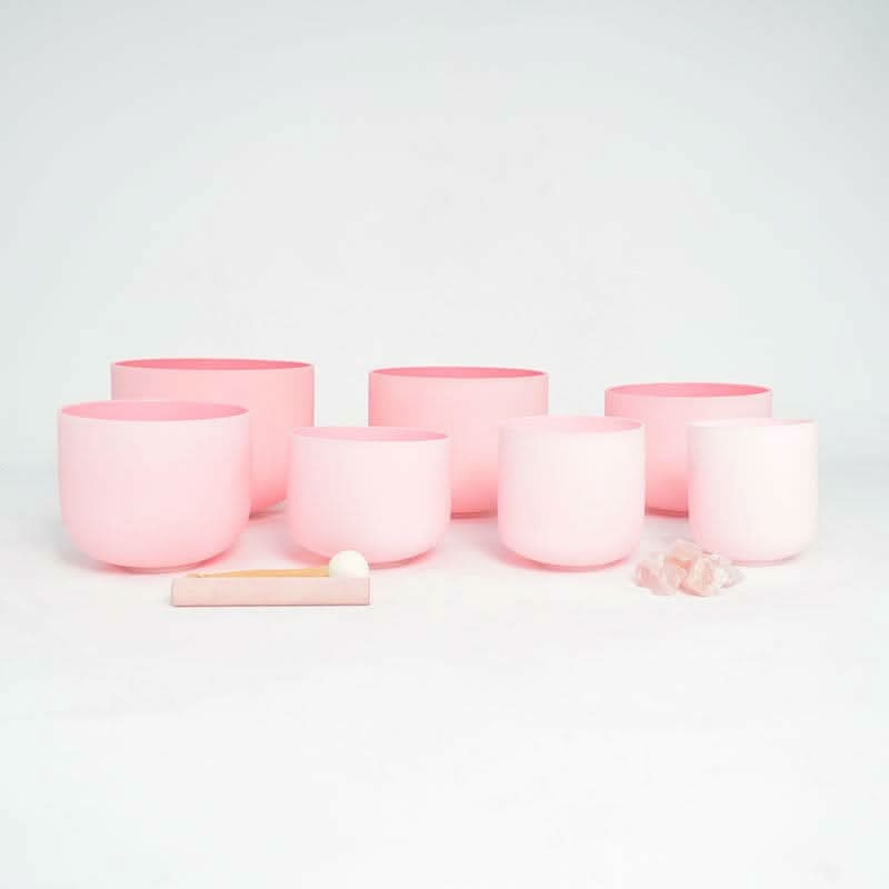 Crystal Singing Bowl Set - New Rose Color Design - 7 Chakra Tuned - Complete Healing 432 Hz - Size 6"-12" - 6 Lynx - Sound Healing