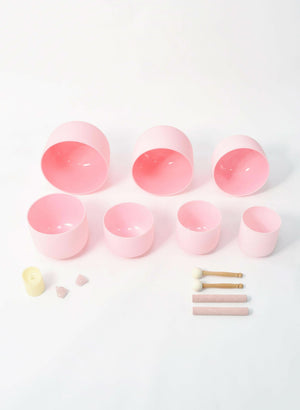 Crystal Singing Bowl Set - New Rose Color Design - 7 Chakra Tuned - Complete Healing 432 Hz - Size 6"-12" - 6 Lynx - Sound Healing