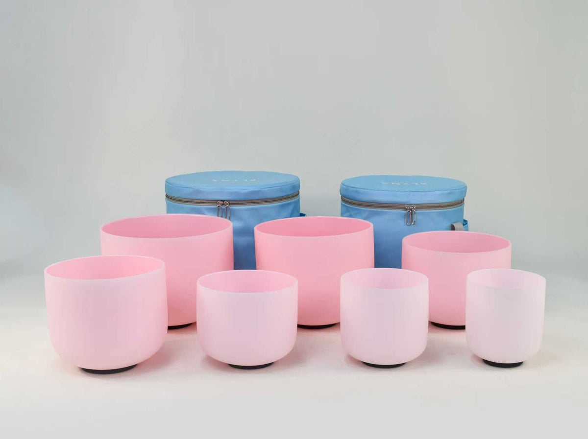 Crystal Singing Bowl Set - New Rose Color Design - 7 Chakra Tuned - Complete Healing 432 Hz - Size 6"-12" - 6 Lynx - Sound Healing