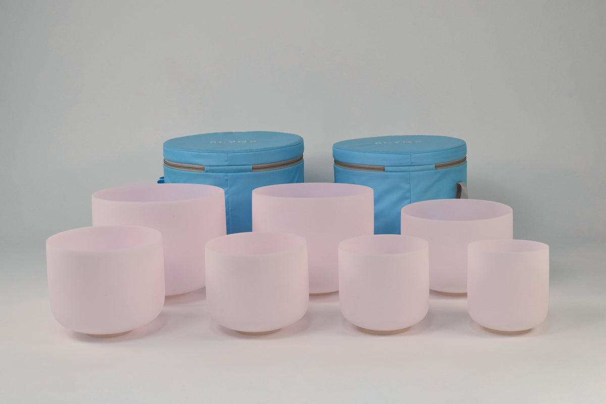 Crystal Singing Bowl Set - New Rose Color Design - 7 Chakra Tuned - Complete Healing 432 Hz - Size 6"-12" - 6 Lynx - Sound Healing