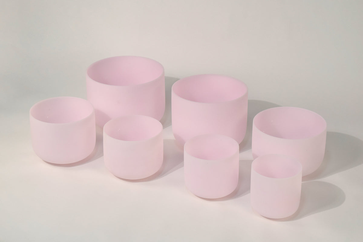 Crystal Singing Bowl Set - New Rose Color Design - 7 Chakra Tuned - Complete Healing 432 Hz - Size 6"-12" - 6 Lynx - Sound Healing
