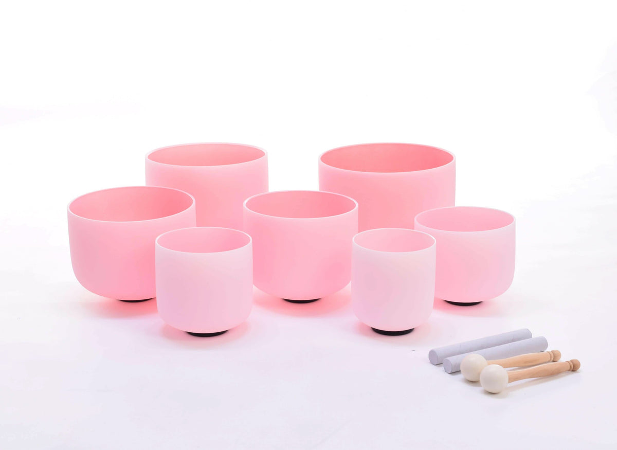Crystal Singing Bowl Set - New Rose Color Design - 7 Chakra Tuned - Complete Healing 432 Hz - Size 6"-12" - 6 Lynx - Sound Healing