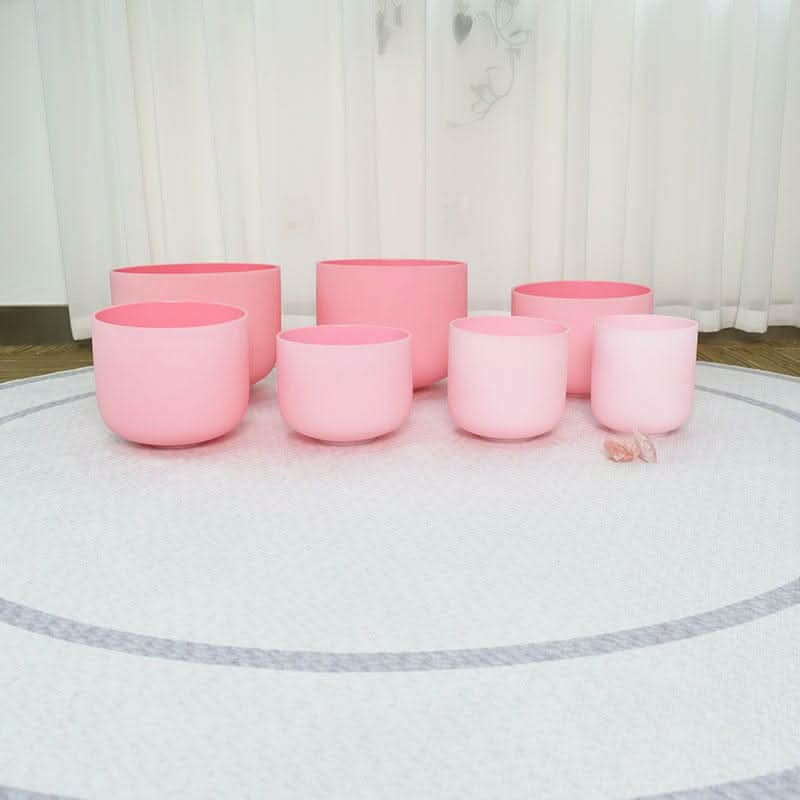 Crystal Singing Bowl Set - New Rose Color Design - 7 Chakra Tuned - Complete Healing 432 Hz - Size 6"-12"
