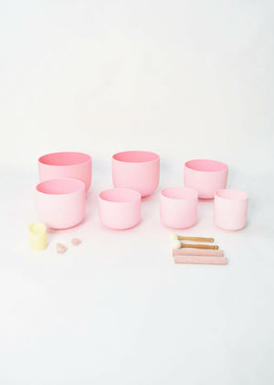 Crystal Singing Bowl Set - New Rose Color Design - 7 Chakra Tuned - Complete Healing 432 Hz - Size 6"-12"