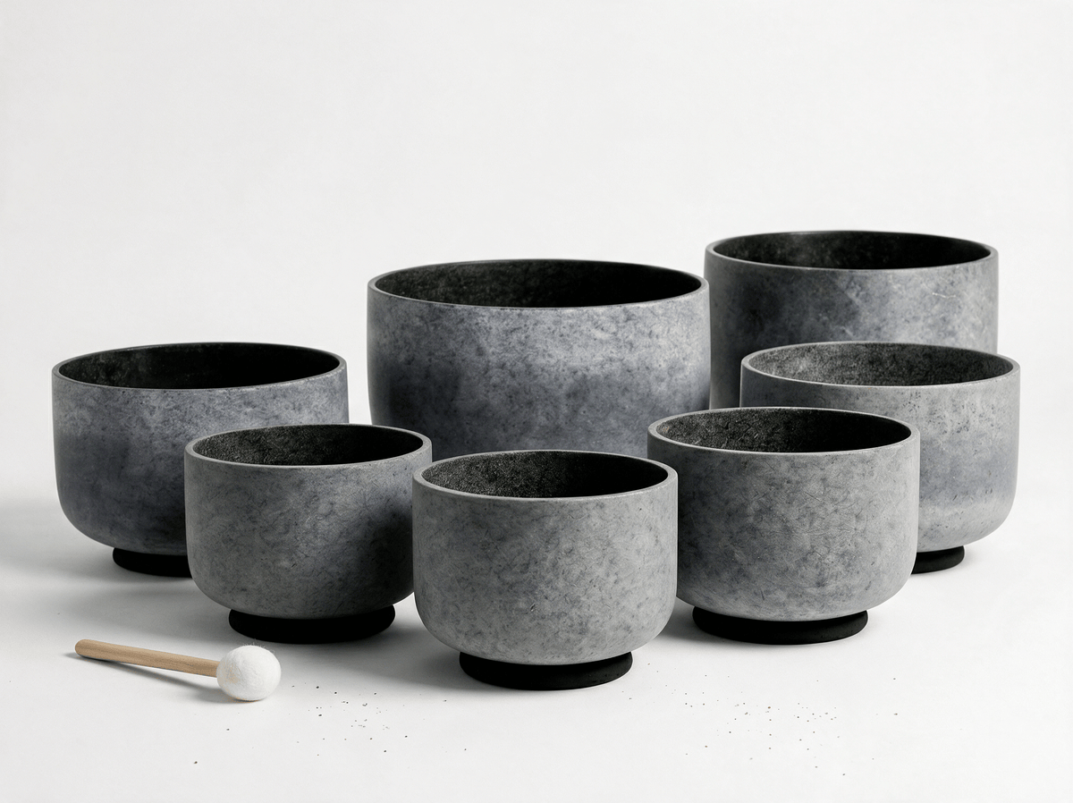 New Crystal Singing Bowl Set - Black Tourmaline, Obsidian + Onyx Gemstone Imbued - Multicrystal  Achemy - 7 Chakra Tuned - 432 Hz  - 6" To 12"