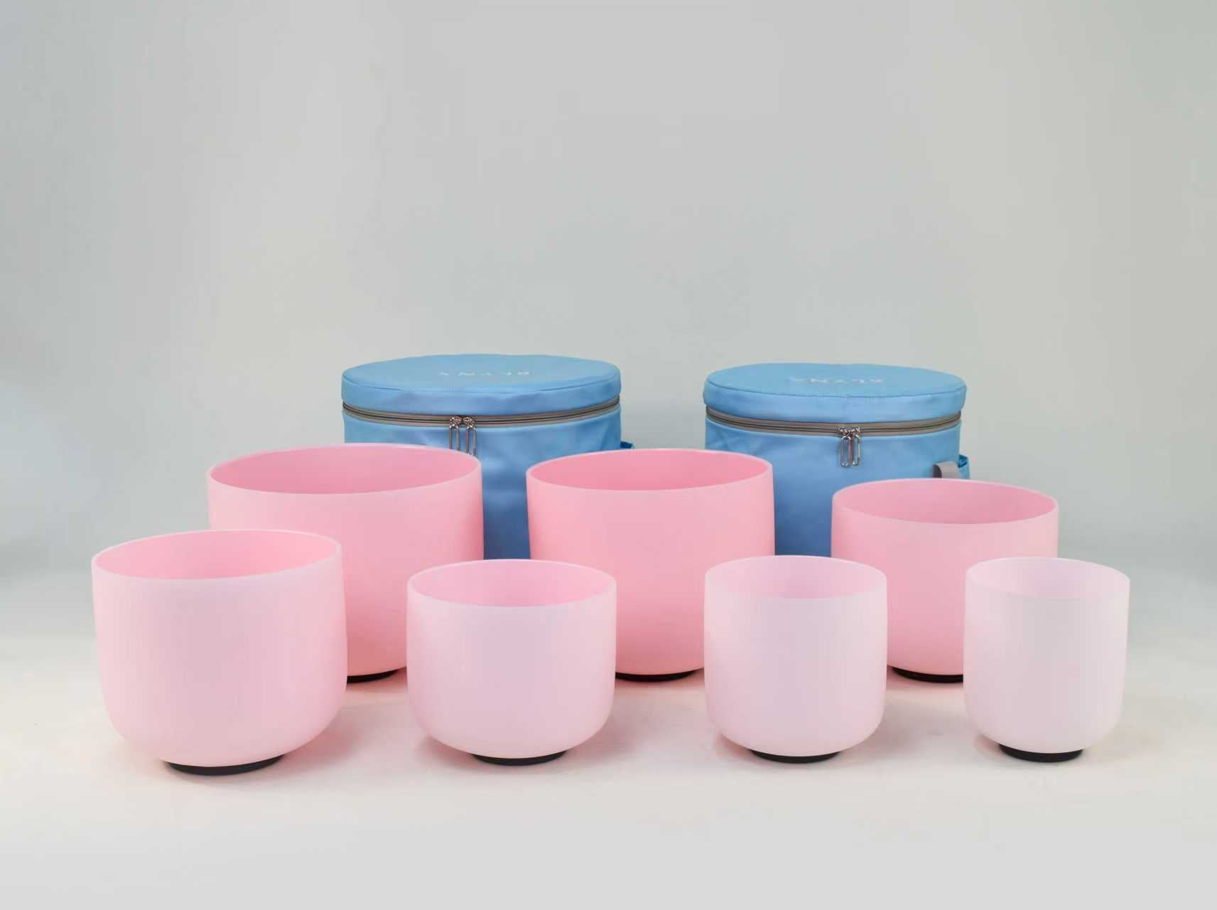 Crystal Singing Bowl Set - New Rose Quartz Design - 7 Chakra Tuned