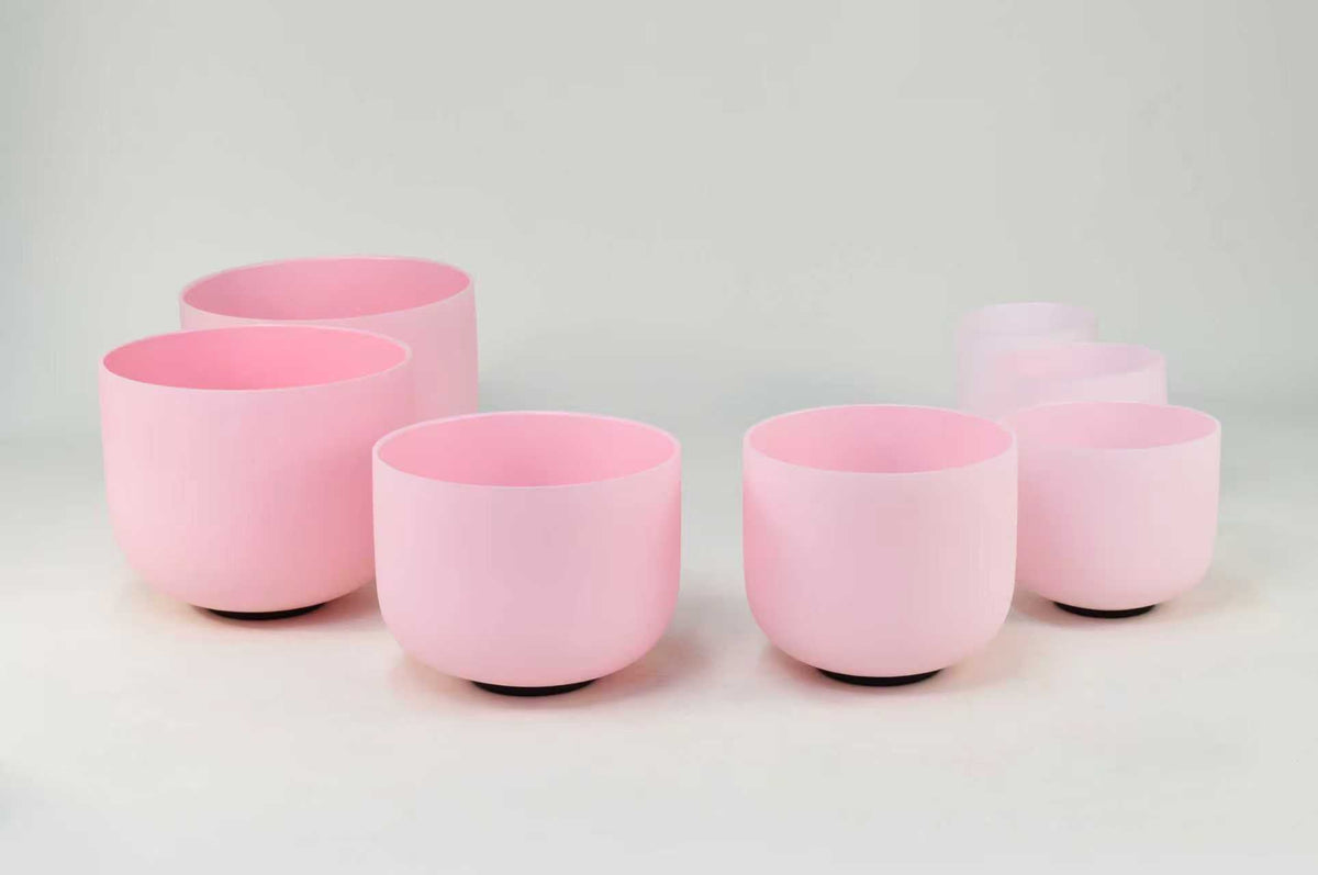 Crystal Singing Bowl Set - New Rose Color Design - 7 Chakra Tuned - Complete Healing 432 Hz - Size 6"-12" - 6 Lynx - Sound Healing