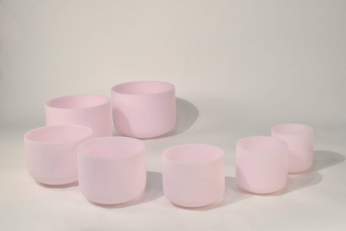 Crystal Singing Bowl Set - New Rose Color Design - 7 Chakra Tuned - Complete Healing 432 Hz - Size 6"-12" - 6 Lynx - Sound Healing