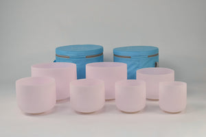Crystal Singing Bowl Set - New Rose Color Design - 7 Chakra Tuned - Complete Healing 432 Hz - Size 6"-12" - 6 Lynx - Sound Healing