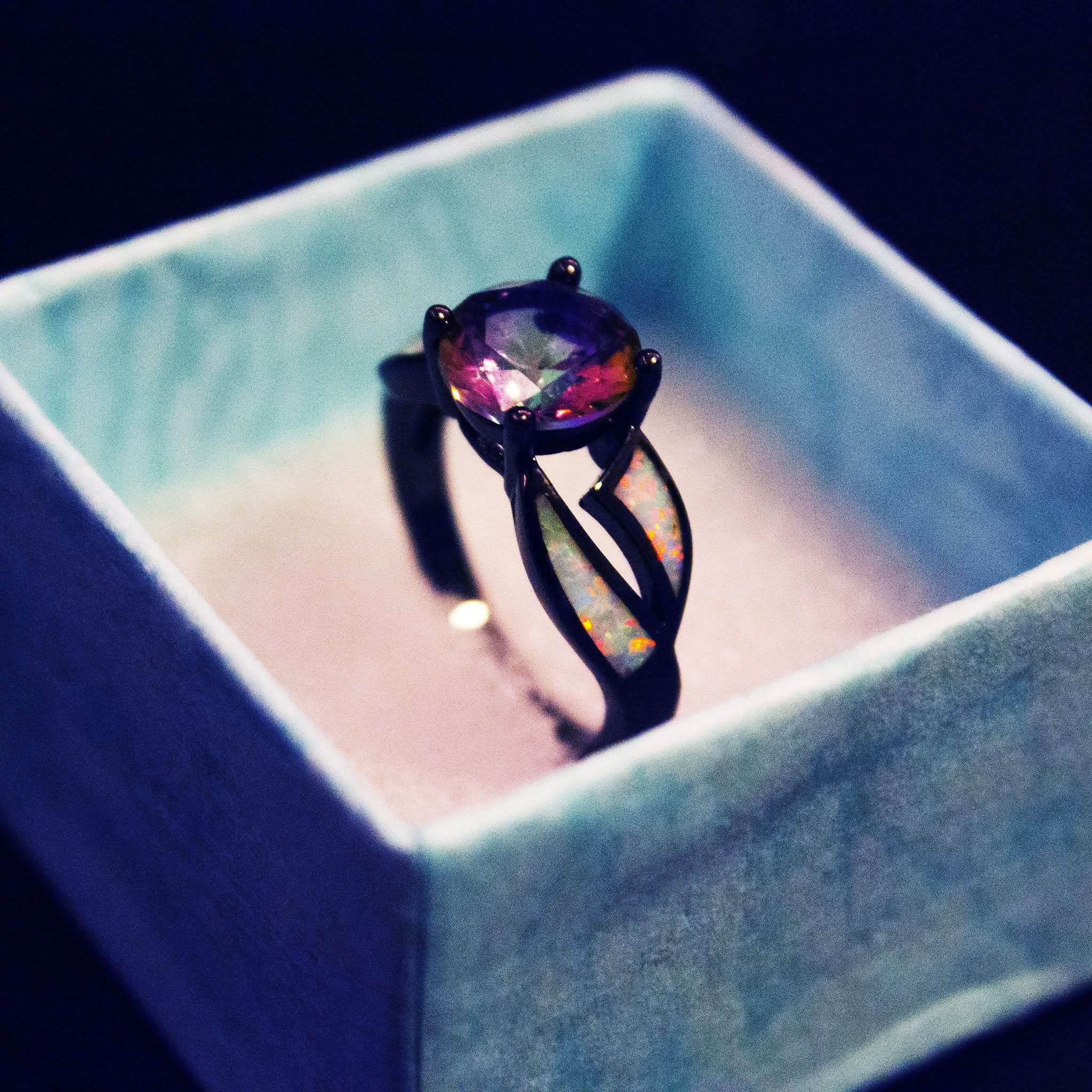 Black Filled Amethyst and Fire Opal Ring 6 Lynx Sound Healing