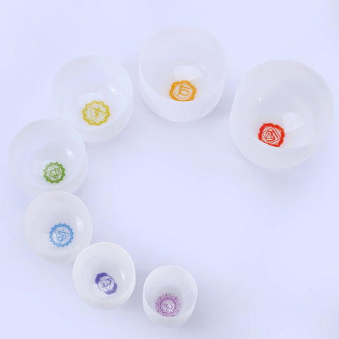Chakra Tuned Complete Set of 7 Frosted Quartz Crystal Singing Bowls 6