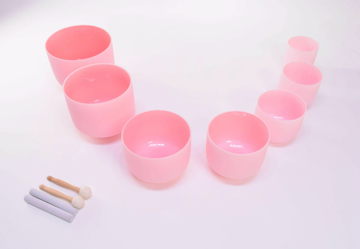 Complete Healing Crystal Singing Bowl Set - New Rose Color Design - Size 8"-14" - 432 Hz - 6 Lynx - Sound Healing