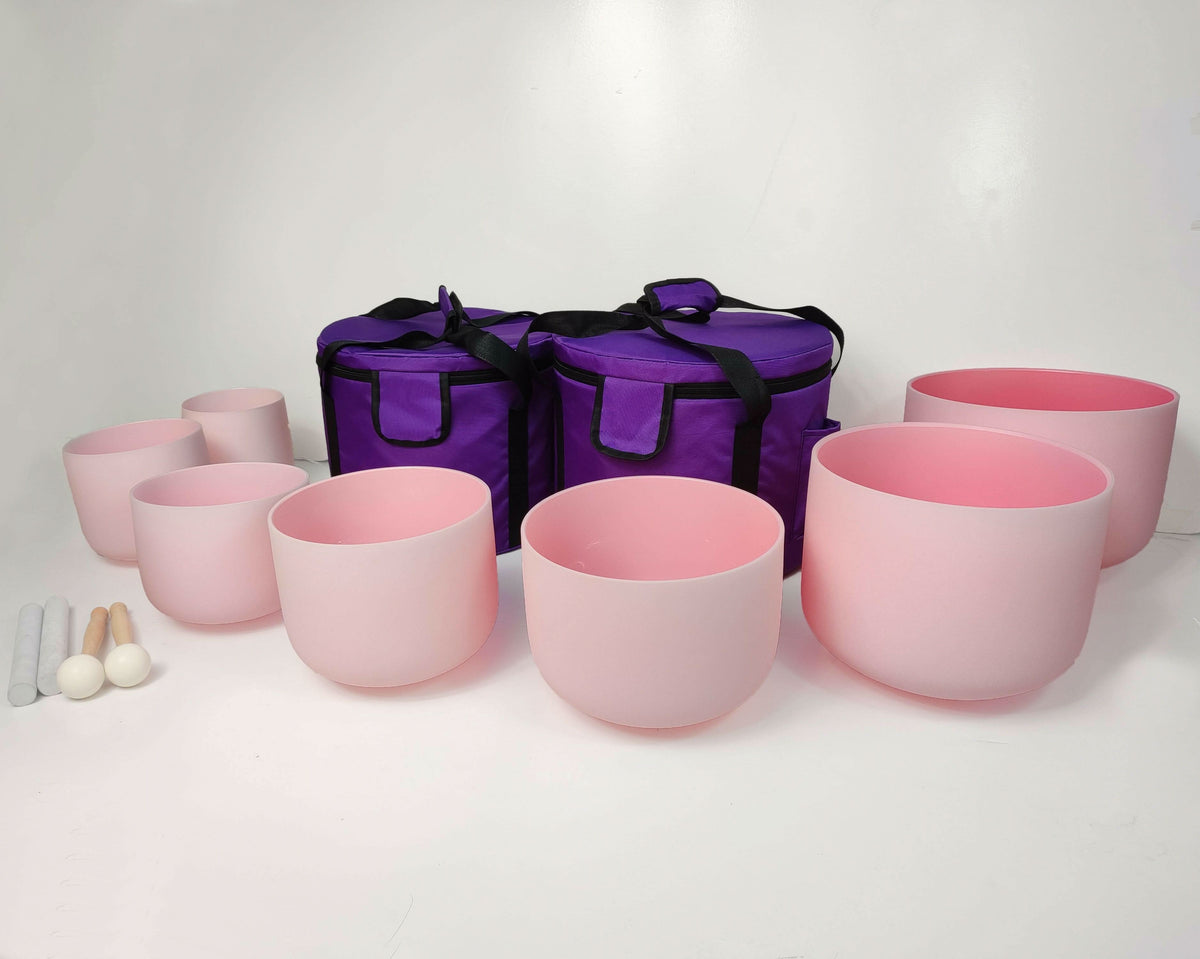 Crystal Singing Bowl Set - New Rose Color Design - 7 Chakra Tuned - Complete Healing 432 Hz - Size 6"-12"