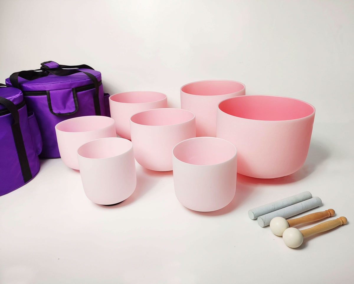 Complete Healing Crystal Singing Bowl Set - New Rose Color Design - Size 8"-14" - 432 Hz - 6 Lynx - Sound Healing