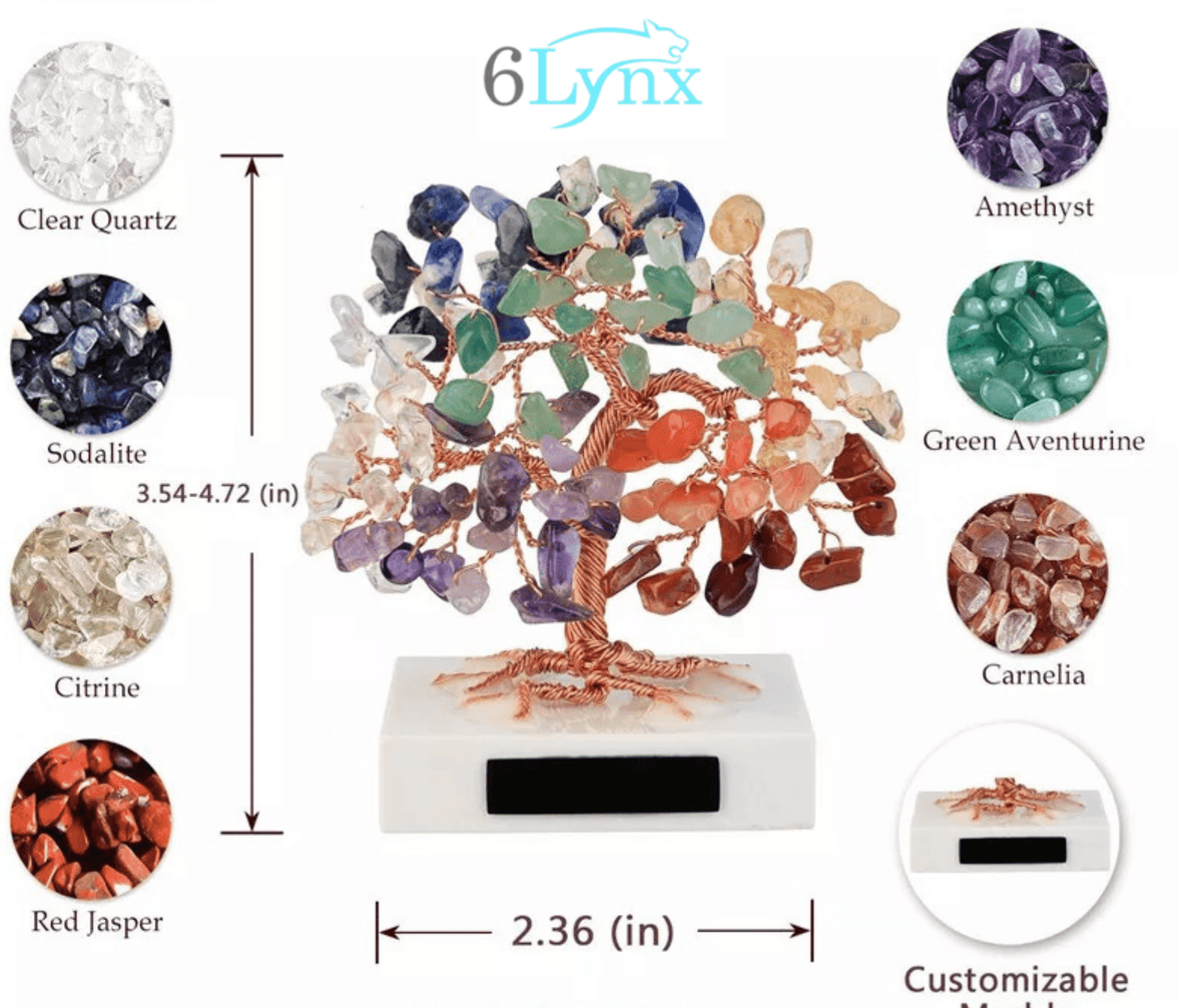Healing Feng Shui Chakra Tree -Handmade with Crystal and Copper Wire Wrapper - 6 Lynx - Sound Healing