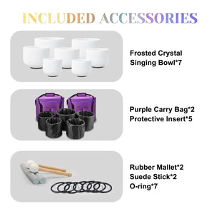 Crystal Singing Bowl Set - 7 Chakra Tuned - Complete Healing - 432 Hz - Large Size 8" to 14"