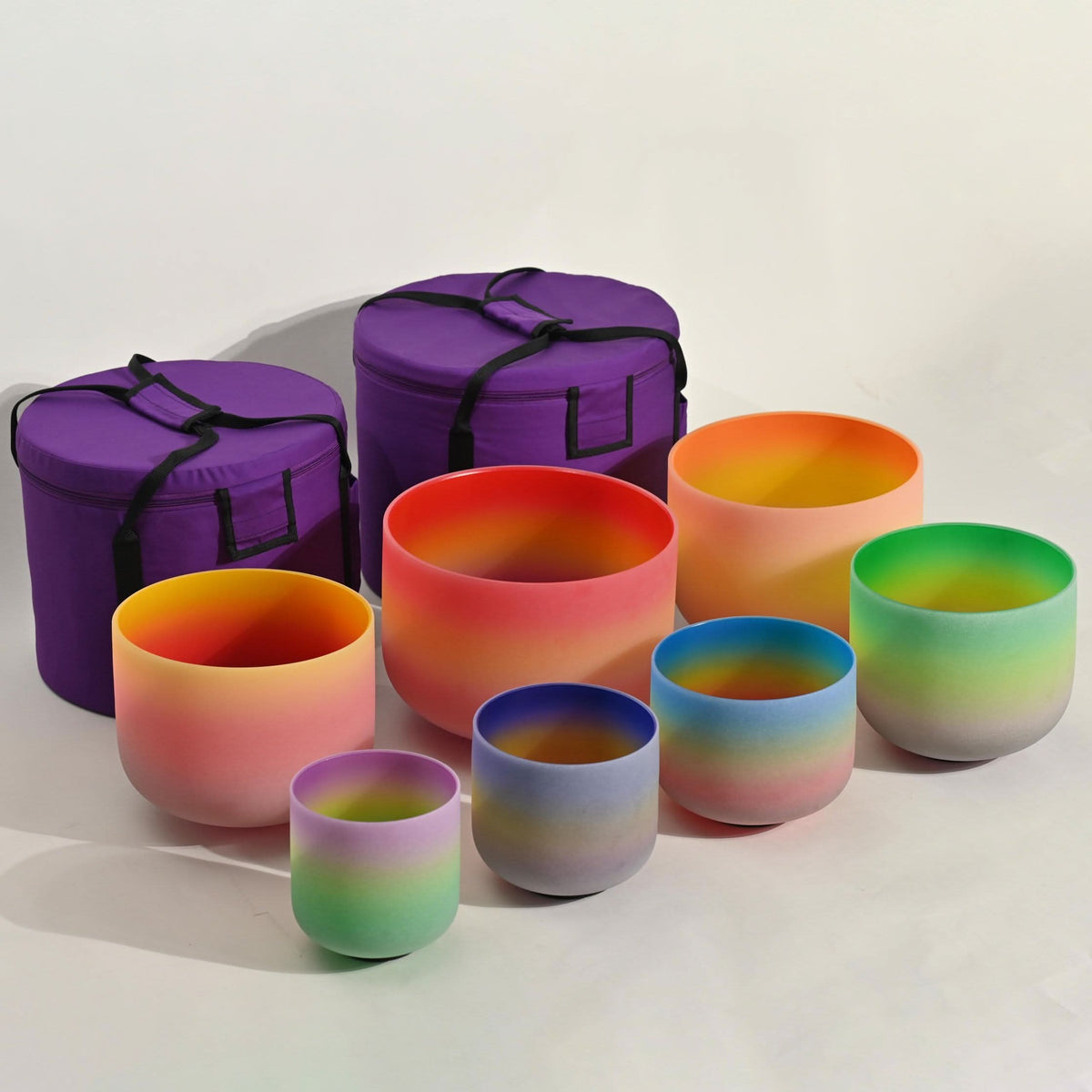Crystal Singing Bowl Set - Chakra Tuned - Complete Sound Healing 432 Hz - Chakra Rainbow Color Design - Size 6” to 12”