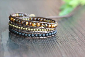 Triple Leather Beaded Bracelet,Tiger Eye,Copper,Black  Beaded  Beaded Bracelet Friendship Bracelets Jewelry - 6 Lynx - Boho Accessories