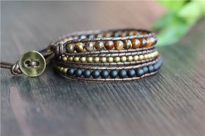 Triple Leather Beaded Bracelet,Tiger Eye,Copper,Black  Beaded  Beaded Bracelet Friendship Bracelets Jewelry - 6 Lynx - Boho Accessories