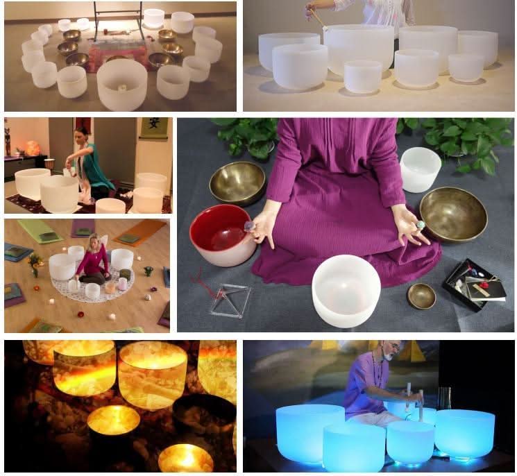 Chakra Tuned Complete Set of 7 Frosted Quartz Crystal Singing Bowls 6"-12" Tuned 432 Hz - 6 Lynx - Boho Accessories